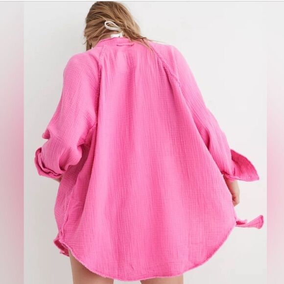 Aerie Pool To Party Button Up Shirt Cover Up Pink Large Oversized - Picture 9 of 9